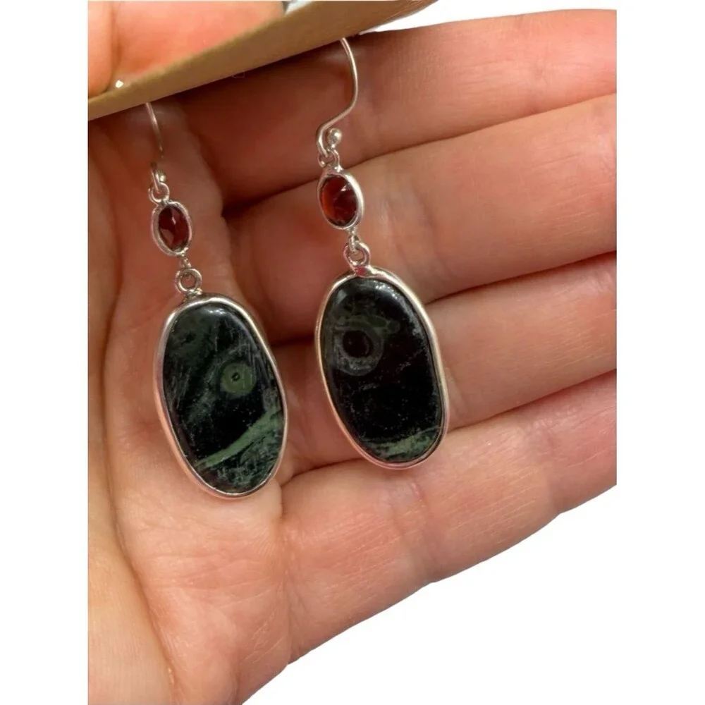 African Kambaba Jasper Garnet Earrings Solid 925 Sterling Silver
